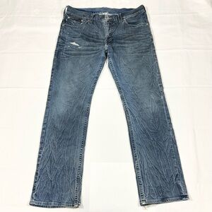 Vtg Y2K True Religion Mens 38x34 Straight Leg Crinkle-Wash Jeans Distressed Blue
